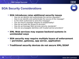 SOA Security Considerations SOA introduces raise additional security issues How do we identify and authenticate the service requester?  How to we identify and authenticate the source of the message? Is the client authorized to send this message?  Can we ensure message integrity & confidentiality? How do we audit the access to services? How do we leverage Web services security standards? How do we propagate identities with trusted service providers? XML Web services may expose backend systems in unintended ways SOA security may require multiple layers of enforcement – perimeter, gateway, app server, application Traditional security devices do not secure XML/SOAP 