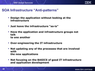 Design the application without looking at the infrastructure Just leave the infrastructure “as-is” Have the application and infrastructure groups not talk  to one another Over-engineering the IT infrastructure Not updating any of the processes that are involved with  the new applications Not focusing on the BASICS of good IT infrastructure  and application development SOA Infrastructure “Anti-patterns” 