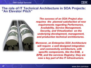 The role of IT Technical Architecture in SOA Projects: “An Elevator Pitch” The success of an SOA Project also requires  the  planned satisfaction of new requirements regarding Performance, Availability, Service Management, Security, and Virtualization  on the underlying development, management, and production technical architectures.  Moreover, an Enterprise SOA Architecture will require  a well designed integration and connectivity architecture, with specific components, like the ESB,  a BPM, and the services Registry; they are now a key part of the IT Infrastructure. 