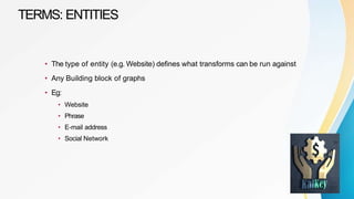 TERMS: ENTITIES
• The type of entity (e.g. Website) defines what transforms can be run against
• Any Building block of graphs
• Eg:
• Website
• Phrase
• E-mail address
• Social Network
 