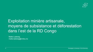 0 Norwegian University of Life Sciences
Exploitation minière artisanale,
moyens de subsistance et déforestation
dans l’est de la RD Congo
Malte Ladewig
malte.ladewig@nmbu.no
 