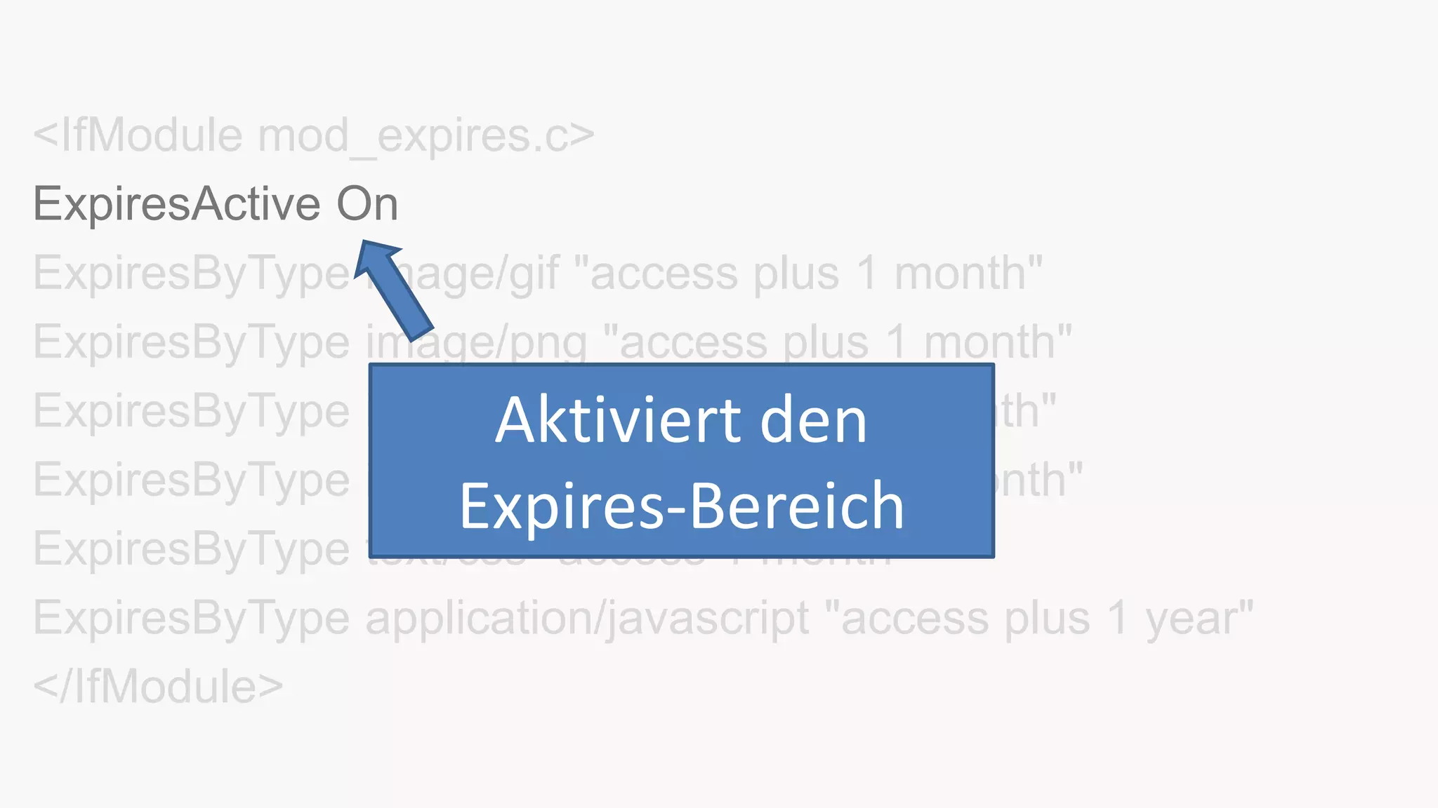 <IfModule mod_expires.c>
ExpiresActive On
ExpiresByType image/gif "access plus 1 month"
ExpiresByType image/png "access plus 1 month"
ExpiresByType image/jpg "access plus 1 month"
ExpiresByType image/jpeg "access plus 1 month"
ExpiresByType text/css "access 1 month”
ExpiresByType application/javascript "access plus 1 year"
</IfModule>
Aktiviert den
Expires-Bereich
 