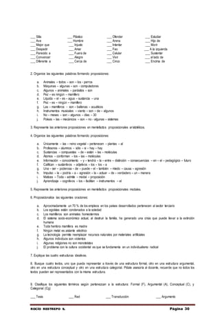 ROCÍO RESTREPO S. Página 30
___ Silla ___ Plástico ___ Ofender ___ Estudiar
___ Ave ___ Hombre ___ Arena ___ Hijo de
___ Mejor que ___ Injusto ___ Intentar ___ Morir
___ Despedir ___ Amar ___ Feo ___ A la izquierda
___ Parecido a ___ Fuera de ___ Celular ___ Sustentar
___ Convencer ___ Alegre ___ Vivir ___ al lado de
___ Diferente a ___ Cerca de ___ Cinco ___ Encima de
2. Organice las siguientes palabras formando proposiciones:
a. Animales – todos – son – los - perros
b. Máquinas – algunas – son - computadores
c. Algunos – animales – parásitos – son
d. Pez – es ningún – mamífero
e. Líquida – el – es – agua – sustancia – una
f. Pez – es – ningún – mamífero
g. Las – mamíferos - son – ballenas – acuáticos
h. Instrumentos musicales – viento – son – de – algunos
i. No – meses – son – algunos – días – 30
j. Poleas – las – mecánicos – son – no - algunas – sistemas
3. Represente las anteriores proposiciones en mentefactos proposicionales aristotélicos.
4. Organice las siguientes palabras formando proposiciones:
a. Únicamente – las – reino vegetal – pertenecen – plantas – al
b. Profesores – alumnos – sólo – si – hay – hay
c. Sustancias – compuestas – de – están – las – moléculas
d. Átomos – conforman – los – las – moléculas
e. Información – conocimiento – y – tendrá – la – entre – distinción – consecuencias – en – el – pedagógico – futuro
f. Califican – sustantivos – adjetivos – los – los – a
g. Una – ser – poderosa – de – puede – el – también – miedo – causa – agresión
h. Impulso – la – podría – a – agresión – la – actuar – de – verdadero – un – manera
i. Matices – Toda – admite – modal – proposición
j. Aprendizaje – cognitivos – los – facilitan – instrumentos – el
5. Represente las anteriores proposiciones en mentefactos proposicionales modales.
6. Proposicionalice las siguientes oraciones:
a. Aproximadamente un 70 % de los empleos en los países desarrollados pertenecen al sector terciario
b. Los egoístas están condenados a la soledad
c. Los mamíferos son animales homeotermos
d. El sistema socio-económico actual, al destruir la familia, ha generado una crisis que puede llevar a la extinción
humana
e. Toda hembra mamífera es madre
f. Ningún metal es aislante eléctrico
g. La tecnología permite reemplazar recursos naturales por materiales artificiales
h. Algunos individuos son violentos
i. Algunas religiones no son monoteístas
j. El problema con la cultura occidental es que se fundamenta en un individualismo radical
7. Explique las cuatro estructuras ideativas.
8. Busque cuatro textos, uno que pueda representar a través de una estructura formal, otro en una estructura argumental,
otro en una estructura conceptual y otro en una estructura categorial. Pídale asesoría al docente, recuerde que no todos los
textos pueden ser representados con la misma estructura.
9. Clasifique los siguientes términos según pertenezcan a la estructura: Formal (F), Argumental (A), Conceptual (C), y
Categorial (Cg)
___ Tesis ___ Red ___ Transducción ___ Argumento
 