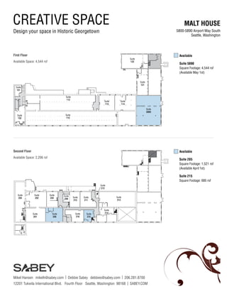 CREATIVE SPACE
Design your space in Historic Georgetown
MALT HOUSE
5800-5890 Airport Way South
Seattle, Washington
Available
Suite 205
Square Footage: 1,521 rsf
(Available April 1st)
Suite 215
Square Footage: 685 rsf
Available
Suite 5890
Square Footage: 4,544 rsf
(Available May 1st)
Mikel Hansen mikelh@sabey.com | Debbie Sabey debbies@sabey.com | 206.281.8700
12201 Tukwila International Blvd. Fourth Floor Seattle, Washington 98168 | SABEY.COM
Suite
212
Second Floor
Available Space: 2,206 rsf
Suite
213
Suite
214
First Floor
Available Space: 4,544 rsf
Suite
216
Suite
215
Suite
210
Suite
202
Suite
200
Suite
201
Suite
211
Suite
102
Suite
110
Suite
121
Suite
122
Suite
5890
Suite
114
Suite
113
Suite
112
Suite
101
Suite
203
Suite
205
Suite
209
 