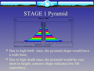 STAGE 1 Pyramid 
 Due to high birth rates, the pyramid shape would have 
a wide base; 
 Due to high death rates, the pyramid would be very 
short in height; concave shape indicates low life 
expectancy. 
 