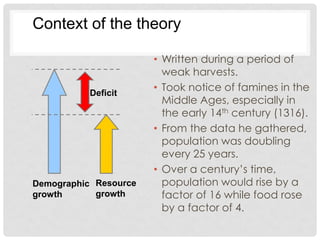 • Written during a period of
weak harvests.
• Took notice of famines in the
Middle Ages, especially in
the early 14th century (1316).
• From the data he gathered,
population was doubling
every 25 years.
• Over a century’s time,
population would rise by a
factor of 16 while food rose
by a factor of 4.
Demographic
growth
Resource
growth
Deficit
Context of the theory
 