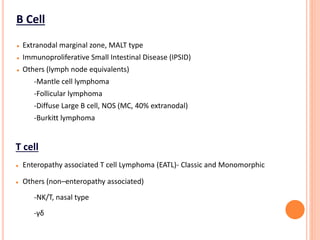 B Cell
 Extranodal marginal zone, MALT type
 Immunoproliferative Small Intestinal Disease (IPSID)
 Others (lymph node equivalents)
-Mantle cell lymphoma
-Follicular lymphoma
-Diffuse Large B cell, NOS (MC, 40% extranodal)
-Burkitt lymphoma
T cell
 Enteropathy associated T cell Lymphoma (EATL)- Classic and Monomorphic
 Others (non–enteropathy associated)
-NK/T, nasal type
-γδ
 
