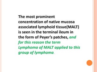 The most prominent
concentration of native mucosa
associated lymphoid tissue(MALT)
is seen in the terminal ileum in
the form of Peyer’s patches, and
for this reason the term
Lymphoma of MALT applied to this
group of lymphoma.
 