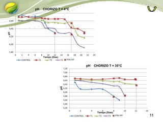 11
5,80
6,00
6,20
6,40
6,60
6,80
0 2 4 6 8 10 12 14 16 18 20 22 24
CONTROL T1 T2 T3
pH CHORIZO T = 4°C
Tiempo (Días)
pH
Vida útil
5,20
5,40
5,60
5,80
6,00
6,20
6,40
6,60
6,80
7,00
7,20
0 2 4 6 8 10 12 14
CONTROL T1 T2 T3
pH CHORIZO T = 35°C
Tiempo (Días)
pH
Vida útil
 