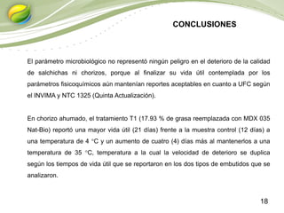 18
El parámetro microbiológico no representó ningún peligro en el deterioro de la calidad
de salchichas ni chorizos, porque al finalizar su vida útil contemplada por los
parámetros fisicoquímicos aún mantenían reportes aceptables en cuanto a UFC según
el INVIMA y NTC 1325 (Quinta Actualización).
En chorizo ahumado, el tratamiento T1 (17.93 % de grasa reemplazada con MDX 035
Nat-Bio) reportó una mayor vida útil (21 días) frente a la muestra control (12 días) a
una temperatura de 4 °C y un aumento de cuatro (4) días más al mantenerlos a una
temperatura de 35 °C, temperatura a la cual la velocidad de deterioro se duplica
según los tiempos de vida útil que se reportaron en los dos tipos de embutidos que se
analizaron.
CONCLUSIONES
 