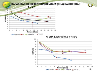 5
0
10
20
30
40
50
60
70
80
90
100
0 2 4 6 8 10 12 14 16 18 20 22 24 26
CONTROL T1 T2 T3
T = 4°C
Tiempo (Días)
CRA(%)
Vida útil
0
10
20
30
40
50
60
70
80
90
100
0 2 4 6 8 10 12 14 16 18 20 22 24 26
CONTROL T1 T2 T3
% CRA SALCHICHAS T = 35°C
Tiempo (Días)
CRA(%)
Vida útil
CAPACIDAD DE RETENCION DE AGUA (CRA) SALCHICHAS
 