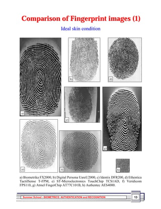 Comparison of Fingerprint images (1)
                            Ideal skin condition




                                      b)                        d)




 a)

                                 c)




                                                           g)




 e)                         f)                                       h)

a) Biometrika FX2000, b) Digital Persona UareU2000, c) Identix DFR200, d) Ethentica
TactilSense T-FPM, e) ST-Microelectronics TouchChip TCS1AD, f) Veridicom
FPS110, g) Atmel FingerChip AT77C101B, h) Authentec AES4000.


  Summer School - BIOMETRICS: AUTHENTICATION and RECOGNITION                 13
 