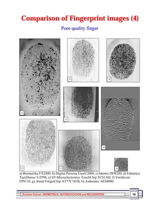 Comparison of Fingerprint images (4)
                             Poor quality finger




                                      b)                        d)




 a)

                                 c)




                                                           g)




 e)                         f)                                       h)

a) Biometrika FX2000, b) Digital Persona UareU2000, c) Identix DFR200, d) Ethentica
TactilSense T-FPM, e) ST-Microelectronics TouchChip TCS1AD, f) Veridicom
FPS110, g) Atmel FingerChip AT77C101B, h) Authentec AES4000.


  Summer School - BIOMETRICS: AUTHENTICATION and RECOGNITION                 16
 