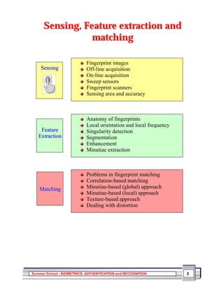 Sensing, Feature extraction and
                 matching

                           Fingerprint images
    S e n s in g           Off-line acquisition
                           On-line acquisition
                           Sweep sensors
                           Fingerprint scanners
                           Sensing area and accuracy



                           Anatomy of fingerprints
                           Local orientation and local frequency
    Feature                Singularity detection
   Extraction              Segmentation
                           Enhancement
                           Minutiae extraction



                           Problems in fingerprint matching
                           Correlation-based matching
   Matching                Minutiae-based (global) approach
                           Minutiae-based (local) approach
                           Texture-based approach
                           Dealing with distortion




Summer School - BIOMETRICS: AUTHENTICATION and RECOGNITION         3
 