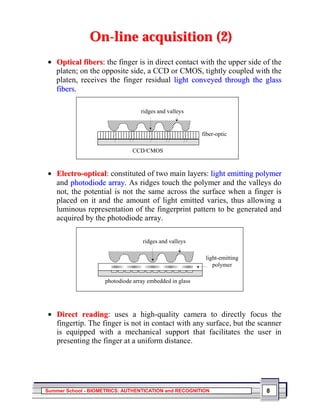 On-line acquisition (2)
• Optical fibers: the finger is in direct contact with the upper side of the
  platen; on the opposite side, a CCD or CMOS, tightly coupled with the
  platen, receives the finger residual light conveyed through the glass
  fibers.

                                   ridges and valleys


                                                          fiber-optic

                               CCD/CMOS


• Electro-optical: constituted of two main layers: light emitting polymer
  and photodiode array. As ridges touch the polymer and the valleys do
  not, the potential is not the same across the surface when a finger is
  placed on it and the amount of light emitted varies, thus allowing a
  luminous representation of the fingerprint pattern to be generated and
  acquired by the photodiode array.

                                    ridges and valleys

                                                           light-emitting
                                                              polymer

                     photodiode array embedded in glass




• Direct reading: uses a high-quality camera to directly focus the
  fingertip. The finger is not in contact with any surface, but the scanner
  is equipped with a mechanical support that facilitates the user in
  presenting the finger at a uniform distance.




Summer School - BIOMETRICS: AUTHENTICATION and RECOGNITION                  8
 