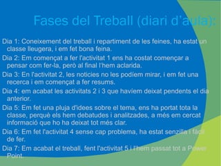 Fases del Treball (diari d’aula): Dia 1: Coneixement del treball i repartiment de les feines, ha estat un classe lleugera, i em fet bona feina. Dia 2: Em començat a fer l'activitat 1 ens ha costat començar a pensar com fer-la, però al final l‘hem aclarida. Dia 3: En l'activitat 2, les noticies no les podíem mirar, i em fet una recerca i em començat a fer resums. Dia 4: em acabat les activitats 2 i 3 que havíem deixat pendents el dia anterior. Dia 5: Em fet una pluja d'idees sobre el tema, ens ha portat tota la classe, perquè els hem debatudes i analitzades, a més em cercat informació que ho ha deixat tot més clar. Dia 6: Em fet l'activitat 4 sense cap problema, ha estat senzilla i fàcil de fer. Dia 7: Em acabat el treball, fent l'activitat 5 i l‘hem passat tot a Power Point. 