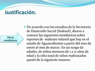 Justificación.

                 De acuerdo con los estudios de la Secretaría
                 de Desarrollo Social (Sedesol), dieron a
                 conocer las siguientes estadísticas sobre
   Datos
estadísticos.    reportes de maltrato infantil que hay en el
                 estado de Aguascalientes a partir del mes de
                 enero al mes de marzo. En un rango de
                 edades, de niños menores de 1 a 17 años de
                 edad y la cifra total de niños maltratados
                 quedo de la siguiente manera:
 