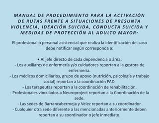 El profesional o personal asistencial que realiza la identificación del caso
debe notificar según corresponda a:
• Al jefe directo de cada dependencia o área:
- Los auxiliares de enfermería y/o cuidadores reportan a la gestora de
enfermería.
- Los médicos domiciliarios, grupo de apoyo (nutrición, psicología y trabajo
social) reportan a la coordinación PAD.
- Los terapeutas reportan a la coordinación de rehabilitación.
- Profesionales vinculados a Neuroproject reportan a la Coordinación de la
sede.
- Las sedes de Barrancabermeja y Velez reportan a su coordinador.
- Cualquier otra sede diferente a las mencionadas anteriormente deben
reportan a su coordinador o jefe inmediato.
MANUAL DE PROCEDIMIENTO PARA LA ACTIVACIÓN
DE RUTAS FRENTE A SITUACIONES DE PRESUNTA
VIOLENCIA, IDEACIÓN SUICIDA, CONDUCTA SUICIDA Y
MEDIDAS DE PROTECCIÓN AL ADULTO MAYOR:
 