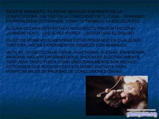 EN ESTE MOMENTO, TU ESTAS SENTADO ENFRENTE DE LA COMPUTADORA, TAL VEZ EN LA COMODIDAD DE TU CASA... PENSANDO EN PROBLEMAS COTIDIANOS, COMO TU TRABAJO, LA ESCUELA ETC. ALGUNA VEZ HAS DESPERTADO HACIENDOTE PREGUNTAS COMO.. ¿COMERE HOY?,  ¿ESTA VEZ VIVIRE?,  ¿SOPORTARE EL DOLOR? EN ESTOS MOMENTOS MIENTRAS ESTAS PENSANDO EN CUALQUIER TONTERIA, HACEN EXPERIMENTOS CRUELES CON ANIMALES. MUTILAR, VIVISECCIONAR, HERIR, FRACTURAR, QUEMAR, ENVENENAR, IRRADIAR, INDUCIR ENFERMEDADES, SHOCKEAR ELECTRICAMENTE, TORTURAR TANTO FISICA COMO EMOCIONALMENTE SON HECHOS COTIDIANOS QUE SUCEDEN EN ESTE MISMO INSTANTE PARA VERIFICAR MILES DE PRUEBAS DE CONCLUSIONES OBVIAS 