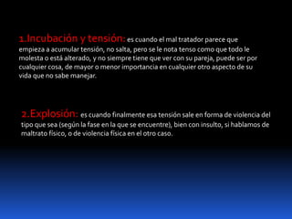 1.Incubación y tensión:es cuando el mal tratador parece que
empieza a acumular tensión, no salta, pero se le nota tenso como que todo le
molesta o está alterado, y no siempre tiene que ver con su pareja, puede ser por
cualquier cosa, de mayor o menor importancia en cualquier otro aspecto de su
vida que no sabe manejar.
2.Explosión: es cuando finalmente esa tensión sale en forma de violencia del
tipo que sea (según la fase en la que se encuentre), bien con insulto, si hablamos de
maltrato físico, o de violencia física en el otro caso.
 