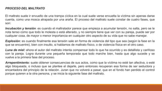 PROCESO DEL MALTRATO
El maltrato suele ir envuelto de una trampa cíclica en la cual suele verse envuelta la víctima sin apenas darse
cuenta, como una mosca atrapada por una araña. El proceso del maltrato suele constar de cuatro fases, que
son:
Luna de miel: ahora el autor del maltrato intenta compensar todo lo que ha ocurrido y es detallista y cariñoso
con la pareja. Logra durante una pequeña temporada que todo marche bien, hasta que algo sucede y se
vuelve a la primera fase del proceso.
Arrepentimiento: suele obtener consecuencias de sus actos, como que la víctima no esté tan afectiva, o esté
algo bloqueada, o incluso que se plantee el dejarle, pero entonces recuperan esa forma de ser seductora y
encantadora del principio de la relación. Juran que no volverá a pasar, que en el fondo han perdido el control
porque quieren a la otra persona, y se inicia la siguiente fase del maltrato.
Explosión: es cuando finalmente esa tensión sale en forma de violencia del tipo que sea (según la fase en la
que se encuentre), bien con insulto, si hablamos de maltrato físico, o de violencia física en el otro caso.
Incubación y tensión: es cuando el maltratador parece que empieza a acumular tensión, no salta, pero se le
nota tenso como que todo le molesta o está alterado, y no siempre tiene que ver con su pareja, puede ser por
cualquier cosa, de mayor o menor importancia en cualquier otro aspecto de su vida que no sabe manejar.
 