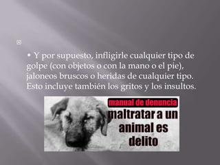 
• Y por supuesto, infligirle cualquier tipo de
golpe (con objetos o con la mano o el pie),
jaloneos bruscos o heridas de cualquier tipo.
Esto incluye también los gritos y los insultos.
 