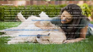 REFERENCIAS 
 Sufren abandono y maltrato 70% de perros en EdoMex. (21/07/2013). Recuperado el 25 de septiembre de 2014, de 
http://www.excelsior.com.mx/comunidad/2013/07/21/909902 
 Poner fin a la crueldad y el maltrato de perros y gatos en todo el mundo. (s.f.) Recuperado el 25 de septiembre de 2014, de 
http://www.ifaw.org/espanol/nuestro-trabajo/dogs-cats/poner-fin-la-crueldad-y-el-maltrato-de-perros-y-gatos-en-todo-el-mundo. 
 Avellaneda Vázquez Diana María. "El Maltrato Animal. "Una reflexión desde la sostenibilidad y las tradiciones culturales. 8 Octubre 2012. 
Expresiones Culturales. 29 Septiembre 2014 http://bibliotecadigital.univalle.edu.co/handle/10893/3460. 
 Santos, R. (2006, Abril) En Defensa de los animales 
 http://www.magrama.gob.es/ministerio/pags/biblioteca/revistas/pdf_AM/AM_2004_54_48_52.pdf) Última revisión: 29/Septiembre/2013 
 Morán, L. (2009, 27 de Septiembre). Proponen solución al problema de los perros callejeros [ciencia.unam.mx]. de: 
http://ciencia.unam.mx/leer/109/Proponen_solucion_al_problema_de_los_perros_callejeros 
 Pérez, M. (2012, 4 de Octubre). La violencia y el maltrato hacia los perros callejeros y hogareños, son cada día historias comunes 
[espanol.upiu.com]. de: http://espanol.upiu.com/view/post/1286201957750/ 
 Raquel Santos. "En defensa de los animales. "La federación de asociaciones de protección animal denuncia el maltrato a los galgos 
empleados en la caza de la liebre. Abril 2006. En defensa de los animales. 10 Abril 2006 
http://www.magrama.gob.es/ministerio/pags/biblioteca/revistas/pdf_AM/AM_2004_54_48_52.pdf. 
