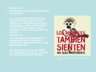 • Artículo 13
• Un animal muerto debe ser tratado
con respeto.
• Las escenas de violencia en las
que los animales son víctimas
deben ser prohibidas en el cine y
la televisión, salvo si ellas tienen
como fin el dar muestra de los
atentados contra los derechos del
animal.
• Artículo 14
• Los organismos de protección y
salvaguarda de los animales
deben estar representados a nivel
gubernamental.
• Los derechos del animal deben
ser defendidos por la ley, como lo
son los derechos del hombre.
www.google.com.co/imgres?q=MALTRATO+ANIMAL&
hl=es&gbv
 