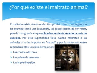 ¿Por qué existe el maltrato animal?


El maltrato existe desde mucho tiempo atrás, tanto que la gente lo
ha asumido como una costumbre, las causas deben de ser varias,
pero la mas grande es que el hombre se siente superior a todo las
especies. Por esta superioridad falsa cuando maltratan a los
animales a no les importa, es "natural" y por lo tanto no sienten
remordimientos, un claro ejemplo son:
 Las corridas de toros.
 Las peleas de animales.
 La simple diversión.
 