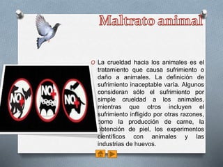 O La crueldad hacia los animales es el
tratamiento que causa sufrimiento o
daño a animales. La definición de
sufrimiento inaceptable varía. Algunos
consideran sólo el sufrimiento por
simple crueldad a los animales,
mientras que otros incluyen el
sufrimiento infligido por otras razones,
como la producción de carne, la
obtención de piel, los experimentos
científicos con animales y las
industrias de huevos.
 