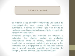 El maltrato a los animales comprende una gama de
comportamientos que causan dolor innecesario,
sufrimiento o estrés al animal, que van desde la
negligencia en los cuidados básicos hasta el asesinato
malicioso e intencional.
Podemos catalogar los maltratos en directos e
indirectos, los directos serian los maltratos
intencionales como la tortura, mutilación o en
conclusión un asesinato malicioso del animal, y los
indirectos por la negligencia de los cuidados básicos
que el animal necesita, provisión de alimentos, de
refugio y de una atención veterinaria adecuada.
MALTRATO ANIMAL
 