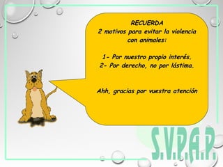 RECUERDA
2 motivos para evitar la violencia
con animales:
1- Por nuestro propio interés.
2- Por derecho, no por lástima.
Ahh, gracias por vuestra atención
 