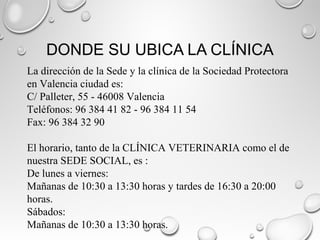 DONDE SU UBICA LA CLÍNICA
La dirección de la Sede y la clínica de la Sociedad Protectora
en Valencia ciudad es:
C/ Palleter, 55 - 46008 Valencia
Teléfonos: 96 384 41 82 - 96 384 11 54
Fax: 96 384 32 90
El horario, tanto de la CLÍNICA VETERINARIA como el de
nuestra SEDE SOCIAL, es :
De lunes a viernes:
Mañanas de 10:30 a 13:30 horas y tardes de 16:30 a 20:00
horas.
Sábados:
Mañanas de 10:30 a 13:30 horas.
 