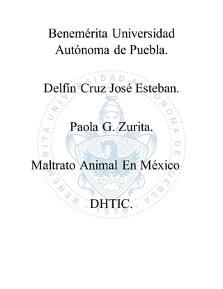 Benemérita Universidad
Autónoma de Puebla.
Delfín Cruz José Esteban.
Paola G. Zurita.
Maltrato Animal En México
DHTIC.
 