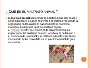¿ QUE ES EL MALTRATO ANIMAL ?
 El maltrato animal comprende comportamientos que causan
dolor innecesario o estrés al anim...