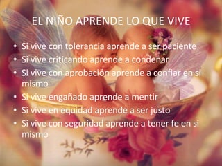 EL NIÑO APRENDE LO QUE VIVE Si vive con tolerancia aprende a ser paciente Si vive criticando aprende a condenar Si vive con aprobación aprende a confiar en si mismo Si vive engañado aprende a mentir  Si vive en equidad aprende a ser justo Si vive con seguridad aprende a tener fe en si mismo 