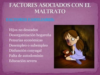 FACTORES FAMILIARES:

 Hijos no deseados
 Desorganización hogareña
 Penurias económicas
 Desempleo o subempleo
 Disfunción conyugal
 Falta de autodominio
 Educación severa
 