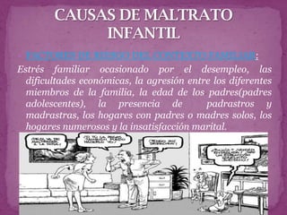  FACTORES DE RIESGO DEL CONTEXTO FAMILIAR:
Estrés familiar ocasionado por el desempleo, las
  dificultades económicas, la agresión entre los diferentes
  miembros de la familia, la edad de los padres(padres
  adolescentes), la presencia de           padrastros y
  madrastras, los hogares con padres o madres solos, los
  hogares numerosos y la insatisfacción marital.
 
