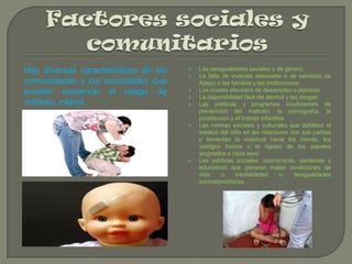 Hay diversas características de las
comunidades y las sociedades que
pueden aumentar el riesgo de
maltrato infantil.











Las desigualdades sociales y de género
La falta de vivienda adecuada o de servicios de
Apoyo a las familias y las instituciones
Los niveles elevados de desempleo o pobreza
La disponibilidad fácil del alcohol y las drogas
Las políticas y programas insuficientes de
prevención del maltrato, la pornografía, la
prostitución y el trabajo infantiles
Las normas sociales y culturales que debilitan el
estatus del niño en las relaciones con sus padres
o fomentan la violencia hacia los demás, los
castigos físicos o la rigidez de los papeles
asignados a cada sexo
Las políticas sociales, económicas, sanitarias y
educativas que generan malas condiciones de
vida
o
inestabilidad
o
desigualdades
socioeconómicas.

 