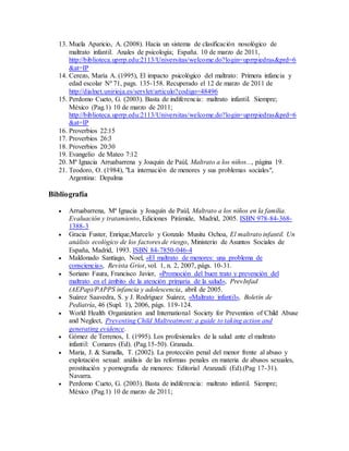 13. Muela Aparicio, A. (2008). Hacia un sistema de clasificación nosológico de
maltrato infantil. Anales de psicología; España. 10 de marzo de 2011,
http://biblioteca.uprrp.edu:2113/Universitas/welcome.do?login=uprrpiedras&prd=6
&at=IP
14. Cerezo, María A. (1995), El impacto psicológico del maltrato: Primera infancia y
edad escolar Nº 71, pags. 135-158. Recuperado el 12 de marzo de 2011 de
http://dialnet.unirioja.es/servlet/articulo?codigo=48496
15. Perdomo Cueto, G. (2003). Basta de indiferencia: maltrato infantil. Siempre;
México (Pag.1) 10 de marzo de 2011;
http://biblioteca.uprrp.edu:2113/Universitas/welcome.do?login=uprrpiedras&prd=6
&at=IP
16. Proverbios 22:15
17. Proverbios 26:3
18. Proverbios 20:30
19. Evangelio de Mateo 7:12
20. Mª Ignacia Arruabarrena y Joaquín de Paúl, Maltrato a los niños..., página 19.
21. Teodoro, O. (1984), "La internación de menores y sus problemas sociales",
Argentina: Depalma
Bibliografía
 Arruabarrena, Mª Ignacia y Joaquín de Paúl, Maltrato a los niños en la familia.
Evaluación y tratamiento, Ediciones Pirámide, Madrid, 2005. ISBN 978-84-368-
1388-3
 Gracia Fuster, Enrique,Marcelo y Gonzalo Musitu Ochoa, El maltrato infantil. Un
análisis ecológico de los factores de riesgo, Ministerio de Asuntos Sociales de
España, Madrid, 1993. ISBN 84-7850-046-4
 Maldonado Santiago, Noel, «El maltrato de menores: una problema de
consciencia», Revista Griot, vol. 1, n. 2, 2007, págs. 10-31.
 Soriano Faura, Francisco Javier, «Promoción del buen trato y prevención del
maltrato en el ámbito de la atención primaria de la salud», PrevInfad
(AEPap)/PAPPS infancia y adolescencia, abril de 2005.
 Suárez Saavedra, S. y J. Rodríguez Suárez, «Maltrato infantil», Boletín de
Pediatría, 46 (Supl. 1), 2006, págs. 119-124.
 World Health Organization and International Society for Prevention of Child Abuse
and Neglect, Preventing Child Maltreatment: a guide to taking action and
generating evidence.
 Gómez de Terrenos, I. (1995). Los profesionales de la salud ante el maltrato
infantil: Comares (Ed). (Pag.15-50). Granada.
 Maria, J. & Sumalla, T. (2002). La protección penal del menor frente al abuso y
explotación sexual: análisis de las reformas penales en materia de abusos sexuales,
prostitución y pornografía de menores: Editorial Aranzadi (Ed).(Pag 17-31).
Navarra.
 Perdomo Cueto, G. (2003). Basta de indiferencia: maltrato infantil. Siempre;
México (Pag.1) 10 de marzo de 2011;
 