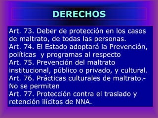 Art. 73. Deber de protección en los casos
de maltrato, de todas las personas.
Art. 74. El Estado adoptará la Prevención,
políticas y programas al respecto
Art. 75. Prevención del maltrato
institucional, público o privado, y cultural.
Art. 76. Prácticas culturales de maltrato.-
No se permiten
Art. 77. Protección contra el traslado y
retención ilícitos de NNA.
DERECHOS
 