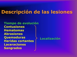 Descripción de las lesiones
Tiempo de evolución
Contusiones
Hematomas
Abrasiones
Quemaduras
Heridas cortantes
Laceraciones
Sangrados
Localización
 