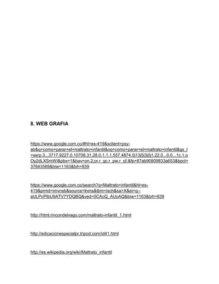 8. WEB GRAFIA


https://www.google.com.co/#hl=es-419&sclient=psy-
ab&q=como+parar+el+maltrato+infantil&oq=como+parar+el+maltrato+infantil&gs_l
=serp.3...3717.9227.0.10708.31.28.0.1.1.1.557.4874.0j13j5j3j0j1.22.0...0.0...1c.1.o
Oy2dLXSmWI&pbx=1&bav=on.2,or.r_gc.r_pw.r_qf.&fp=87ab90809833a653&bpcl=
37643589&biw=1163&bih=839



https://www.google.com.co/search?q=Maltrato+infantil&hl=es-
419&prmd=imvnsb&source=lnms&tbm=isch&sa=X&ei=q--
aULPcPIbU9ATV7YDQBQ&ved=0CAcQ_AUoAQ&biw=1163&bih=839



http://html.rincondelvago.com/maltrato-infantil_1.html



http://edicacionespecialpr.tripod.com/id41.html



http://es.wikipedia.org/wiki/Maltrato_infantil
 