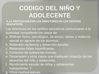 A LA PROTECCION POR LOS DIRECTORES DE LOS CENTROS
EDUCATIVOS:
Los directores de los centros educativos comunicaran a la
autoridad competente los casos de:
a. Maltrato físico, psicológico, de acoso, abuso y violencia
sexual en agravio de los alumnos.
b. Reiterada repitencia y deserción escolar;
c. Reiteradas faltas injustificadas.
d. Consumo de sustancias toxicas,
e. Desamparo y otros casos que impliquen violación de los
derechos del niño y adolecente.
f. Rendimiento escolar de niños y adolecentes
trabajadores. Y
g. Otros hechos lesivos.
CODIGO DEL NIÑO Y
ADOLECENTE
 
