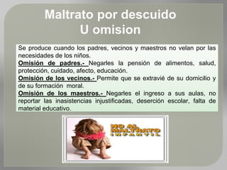 Maltrato por descuido
U omision
Se produce cuando los padres, vecinos y maestros no velan por las
necesidades de los niños.
Omisión de padres.- Negarles la pensión de alimentos, salud,
protección, cuidado, afecto, educación.
Omisión de los vecinos.- Permite que se extravié de su domicilio y
de su formación moral.
Omisión de los maestros.- Negarles el ingreso a sus aulas, no
reportar las inasistencias injustificadas, deserción escolar, falta de
material educativo.
 