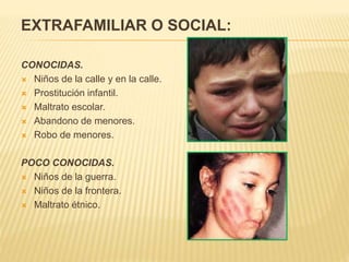 EXTRAFAMILIAR O SOCIAL: 
CONOCIDAS. 
 Niños de la calle y en la calle. 
 Prostitución infantil. 
 Maltrato escolar. 
 Abandono de menores. 
 Robo de menores. 
POCO CONOCIDAS. 
 Niños de la guerra. 
 Niños de la frontera. 
 Maltrato étnico. 
 