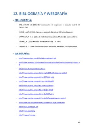 12. BIBLIOGRAFÍA Y WEBGRAFÍA
- BIBLIOGRAFÍA:
  -   DÍAZ-AGUADO. MJ. (2006): Del acoso escolar a la cooperación en las aulas. Madrid: Ed.
      Prentice Hall.

  -   HARRIS, S. et Al. (2006): El acoso en la escuela. Barcelona: Ed. Paidós Educador.

  -   MATAMALA, A. et Al. (2005): El maltrato entre escolares. Madrid: Ed. Machadolibros.

  -   SORIANO, A. (2001): Maltrato infantil. Madrid: Ed. San Pablo.

  -   STEVENSON, O. (1989): La atención al niño maltratado. Barcelona: Ed. Paidós Ibérica.



- WEBGRAFÍA:
  -   http://nuestrosninos.com/PDFs/043-acosoinfantil.pdf

  -   http://www.semergen.es/semergen/microsites/manuales/maltrato/imaltrato_infantil.p
      df

  -   http://www.ekun.cl/wordpress/?p=31

  -   http://www.youtube.com/watch?v=mpHd19ZunMc&feature=related

  -   http://www.youtube.com/watch?v=Q77B5jX_hMk

  -   http://www.youtube.com/watch?v=cZRkn60bM3E

  -   http://www.youtube.com/watch?v=Ay3YyZnvHdo

  -   http://www.youtube.com/watch?v=1kQr7-Pp820

  -   http://www.youtube.com/watch?v=CpRYZCPvUHs

  -   http://www.youtube.com/watch?v=MnRKfhgzs0A&feature=related

  -   http://www.who.int/mediacentre/factsheets/fs150/es/index.html

  -   http://www.adima.com.es/

  -   http://www.aspasi.org/

  -   http://www.ashram.es/



                                                                                             47
 