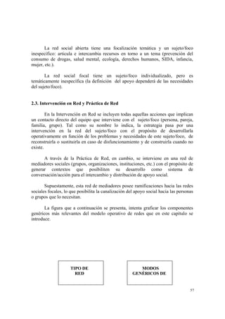 57
La red social abierta tiene una focalización temática y un sujeto/foco
inespecífico: articula e intercambia recursos en torno a un tema (prevención del
consumo de drogas, salud mental, ecología, derechos humanos, SIDA, infancia,
mujer, etc.).
La red social focal tiene un sujeto/foco individualizado, pero es
temáticamente inespecífica (la definición del apoyo dependerá de las necesidades
del sujeto/foco).
2.3. Intervención en Red y Práctica de Red
En la Intervención en Red se incluyen todas aquellas acciones que implican
un contacto directo del equipo que interviene con el sujeto/foco (persona, pareja,
familia, grupo). Tal como su nombre lo indica, la estrategia pasa por una
intervención en la red del sujeto/foco con el propósito de desarrollarla
operativamente en función de los problemas y necesidades de este sujeto/foco, de
reconstruirla o sustituirla en caso de disfuncionamiento y de construirla cuando no
existe.
A través de la Práctica de Red, en cambio, se interviene en una red de
mediadores sociales (grupos, organizaciones, instituciones, etc.) con el propósito de
generar contextos que posibiliten su desarrollo como sistema de
conversación/acción para el intercambio y distribución de apoyo social.
Supuestamente, esta red de mediadores posee ramificaciones hacia las redes
sociales focales, lo que posibilita la canalización del apoyo social hacia las personas
o grupos que lo necesitan.
La figura que a continuación se presenta, intenta graficar los componentes
genéricos más relevantes del modelo operativo de redes que en este capítulo se
introduce.
TIPO DE MODOS
RED GENÉRICOS DE
 