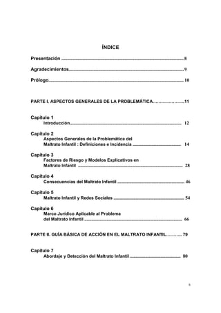 6
ÍNDICE
Presentación ........................................................................................................ 8
Agradecimientos..................................................................................................9
Prólogo................................................................................................................... 10
PARTE I. ASPECTOS GENERALES DE LA PROBLEMÁTICA………………….11
Capítulo 1
Introducción............................................................................................... 12
Capítulo 2
Aspectos Generales de la Problemática del
Maltrato Infantil : Definiciones e Incidencia ......................................... 14
Capítulo 3
Factores de Riesgo y Modelos Explicativos en
Maltrato Infantil ......................................................................................... 28
Capítulo 4
Consecuencias del Maltrato Infantil ......................................................... 46
Capítulo 5
Maltrato Infantil y Redes Sociales ............................................................ 54
Capítulo 6
Marco Jurídico Aplicable al Problema
del Maltrato Infantil ................................................................................... 66
PARTE II. GUÍA BÁSICA DE ACCIÓN EN EL MALTRATO INFANTIL……….. 79
Capítulo 7
Abordaje y Detección del Maltrato Infantil ........................................... 80
 