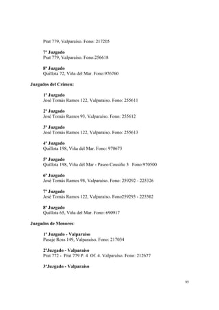 95
Prat 779, Valparaíso. Fono: 217205
7º Juzgado
Prat 779, Valparaíso. Fono:256618
8º Juzgado
Quillota 72, Viña del Mar. Fono:976760
Juzgados del Crimen:
1º Juzgado
José Tomás Ramos 122, Valparaíso. Fono: 255611
2º Juzgado
José Tomás Ramos 93, Valparaíso. Fono: 255612
3º Juzgado
José Tomás Ramos 122, Valparaíso. Fono: 255613
4º Juzgado
Quillota 198, Viña del Mar. Fono: 970673
5º Juzgado
Quillota 198, Viña del Mar - Paseo Cousiño 3 Fono:970500
6º Juzgado
José Tomás Ramos 98, Valparaíso. Fono: 259292 - 225326
7º Juzgado
José Tomás Ramos 122, Valparaíso. Fono259293 - 225302
8º Juzgado
Quillota 65, Viña del Mar. Fono: 690917
Juzgados de Menores:
1º Juzgado - Valparaíso
Pasaje Ross 149, Valparaíso. Fono: 217034
2ºJuzgado - Valparaíso
Prat 772 - Prat 779 P. 4 Of. 4. Valparaíso. Fono: 212677
3ºJuzgado - Valparaíso
 